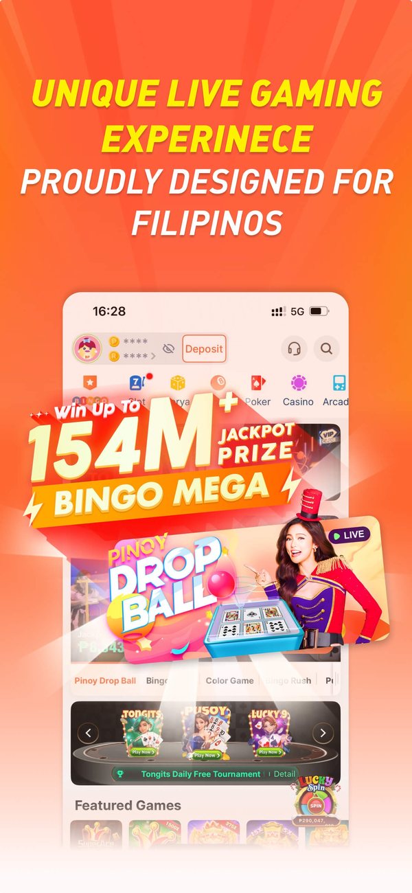 BingoPlus app showing Pinoy Drop Ball, Color Game, Tongits, Pusoy and Lucky 9