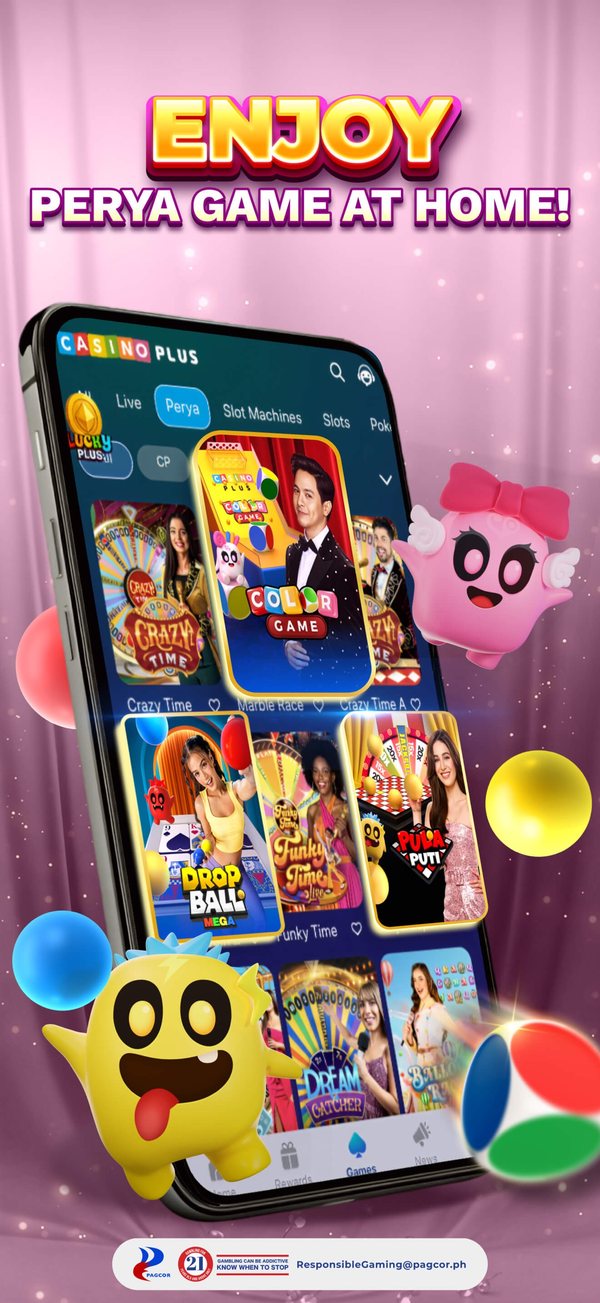 Casino Plus app perya lobby with Color Game, Drop Ball and Pula Puti tiles